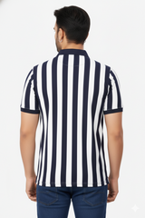 Men Navy Blue-White Vertical Polo T-Shirt | Casual Slim Fit 251181246