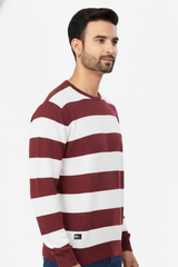 Men Maroon-White Horizontal Striped Crew Neck T-Shirt 251124134