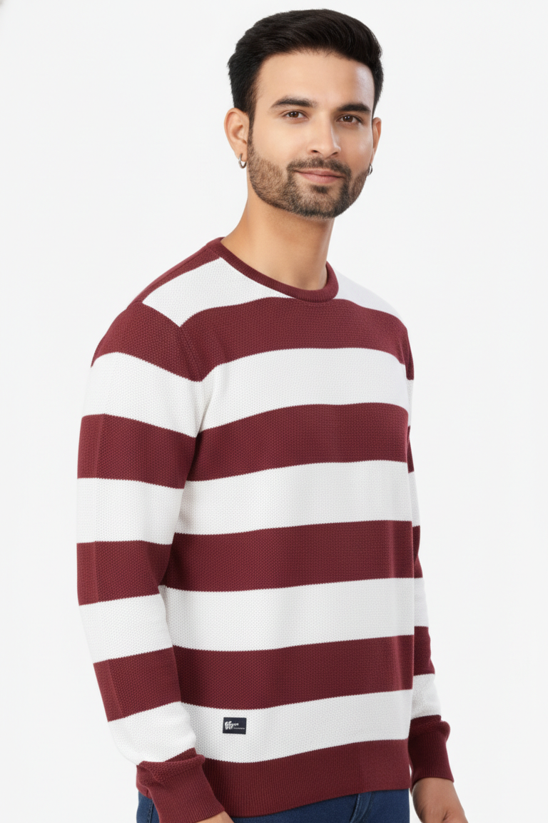 Men Maroon-White Horizontal Striped Crew Neck T-Shirt 251124134