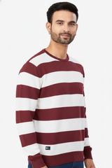 Men Maroon-White Horizontal Striped Crew Neck T-Shirt 251124134