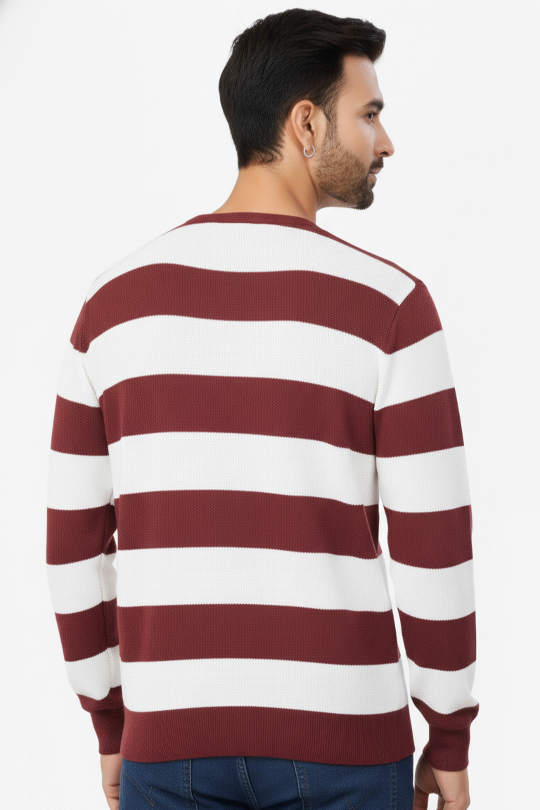 Men Maroon-White Horizontal Striped Crew Neck T-Shirt 251124134