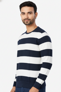 Men Navy Blue and White Striped Crew Neck  T-Shirt | Textured 251124134