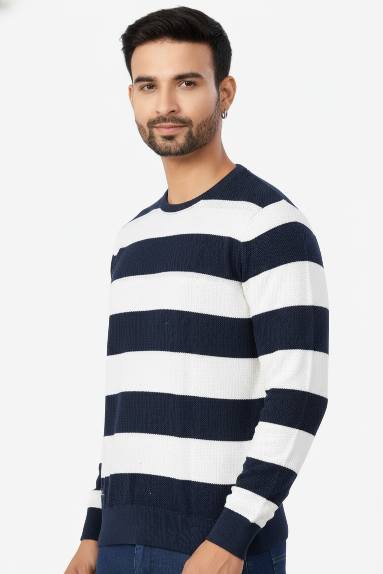 Men Navy Blue and White Striped Crew Neck  T-Shirt | Textured 251124134