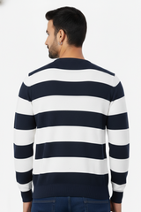 Men Navy Blue and White Striped Crew Neck  T-Shirt | Textured 251124134