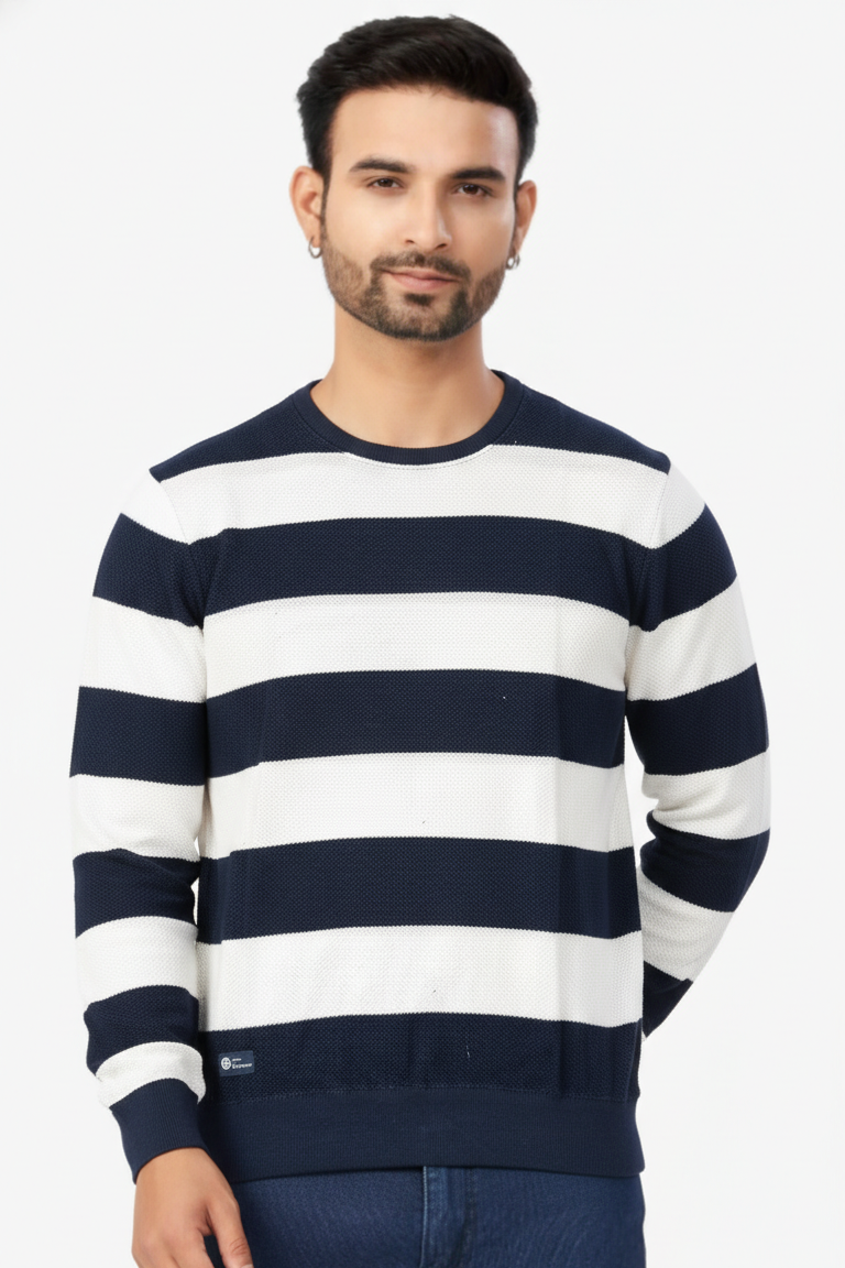 Men Navy Blue and White Striped Crew Neck  T-Shirt | Textured 251124134