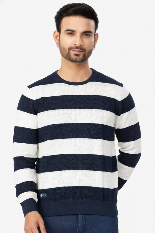 Men Navy Blue and White Striped Crew Neck  T-Shirt | Textured 251124134