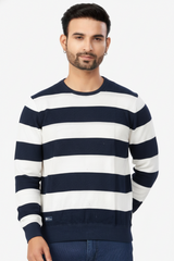Men Navy Blue and White Striped Crew Neck  T-Shirt | Textured 251124134