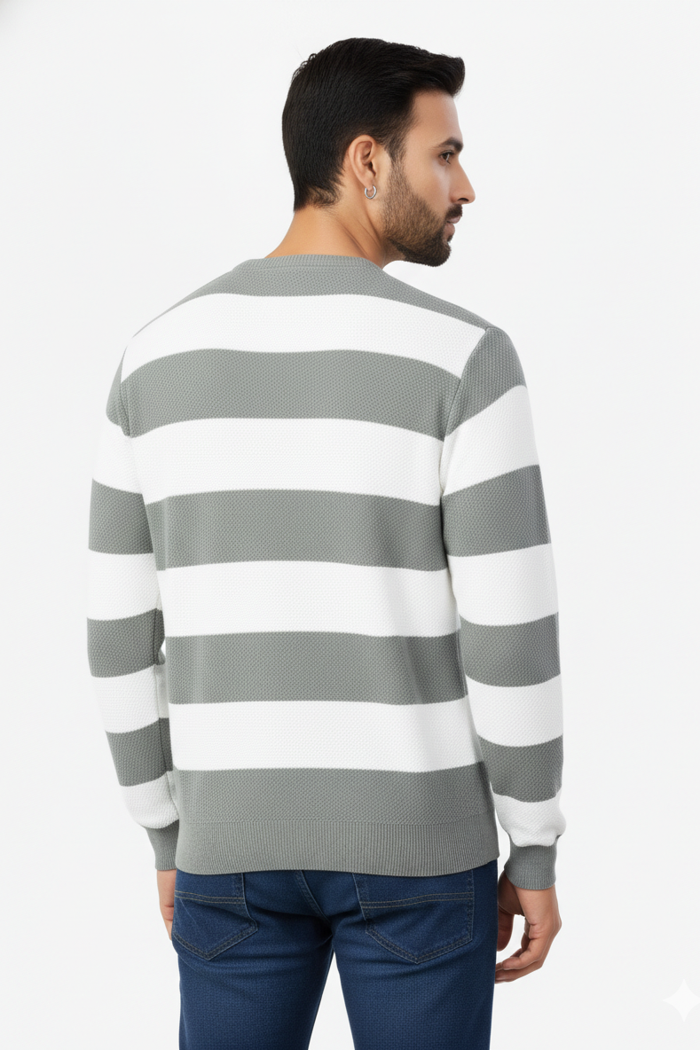Men Pista-White Horizontal Striped Crew Neck T-Shirt 251124134