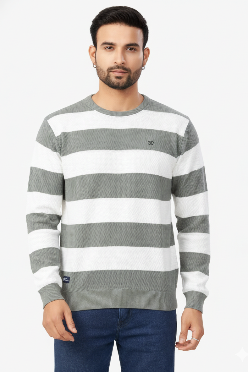Men Pista-White Horizontal Striped Crew Neck T-Shirt 251124134