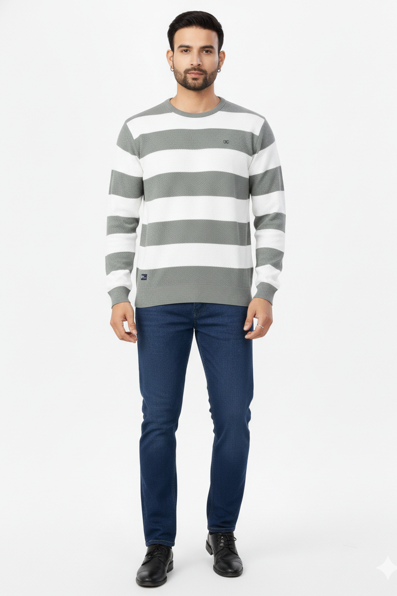 Men Pista-White Horizontal Striped Crew Neck T-Shirt 251124134