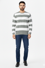 Men Pista-White Horizontal Striped Crew Neck T-Shirt 251124134