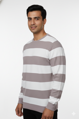 Men Beige-White Striped Crew Neck T-Shirt 251170711