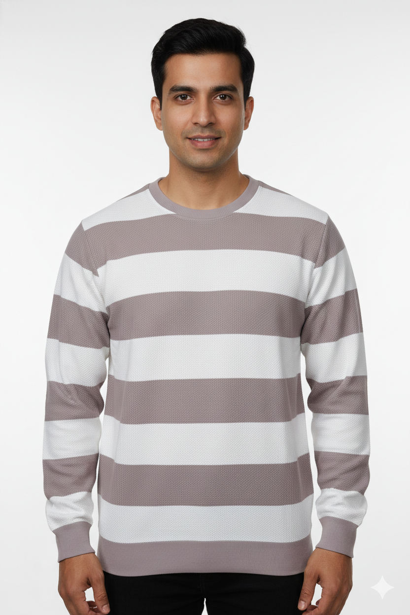 Men Beige-White Striped Crew Neck T-Shirt 251170711