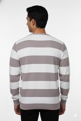 Men Beige-White Striped Crew Neck T-Shirt 251170711