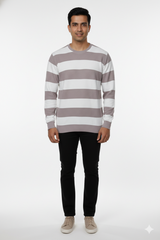 Men Beige-White Striped Crew Neck T-Shirt 251170711