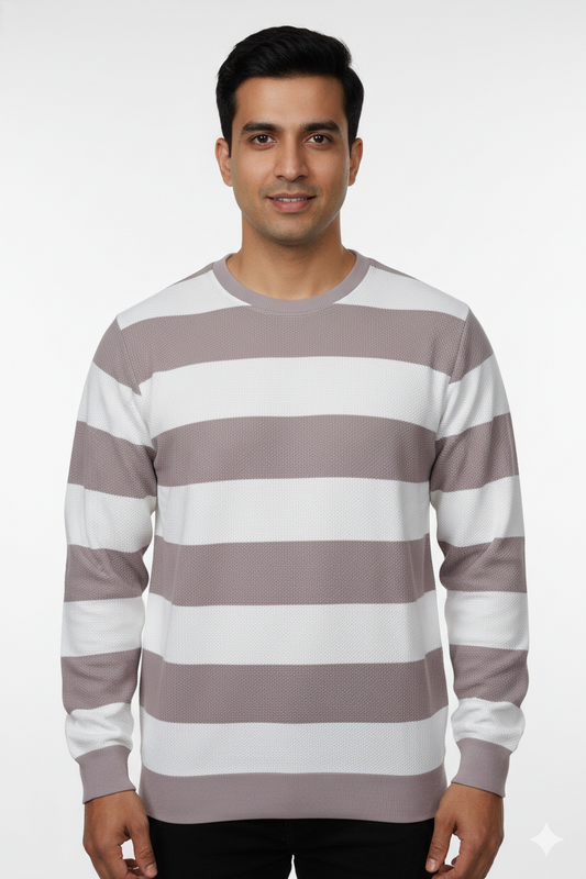 Men Beige-White Striped Crew Neck T-Shirt 251170711