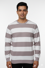 Men Beige-White Striped Crew Neck T-Shirt 251170711