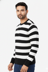Men Black-White Striped Crew Neck T-Shirt 251170711