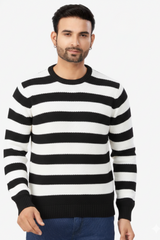 Men Black-White Striped Crew Neck T-Shirt 251170711