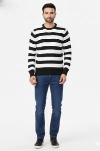 Men Black-White Striped Crew Neck T-Shirt 251170711