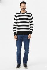 Men Black-White Striped Crew Neck T-Shirt 251170711