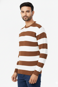 Men Brown-White Striped Crew Neck T-Shirt 251170711