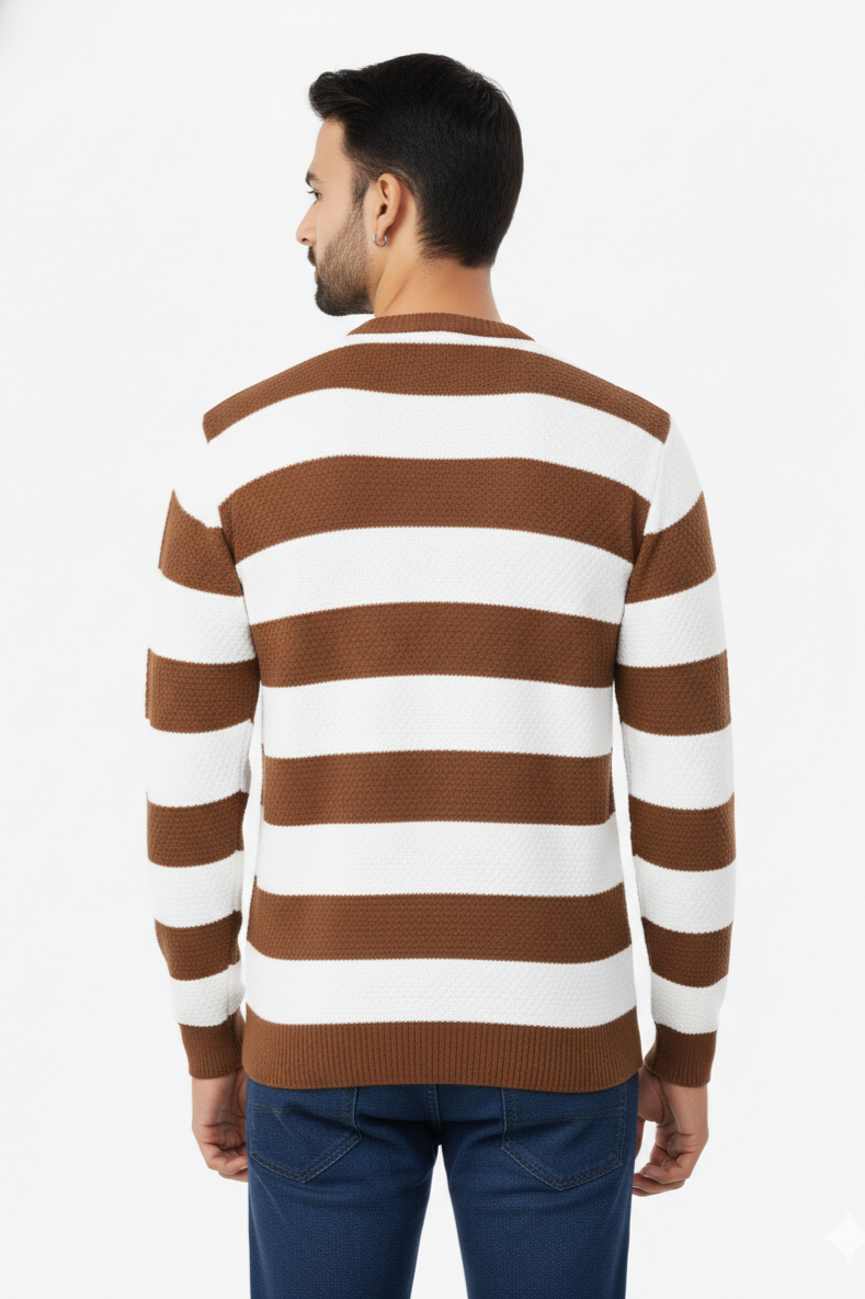Men Brown-White Striped Crew Neck T-Shirt 251170711