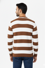 Men Brown-White Striped Crew Neck T-Shirt 251170711