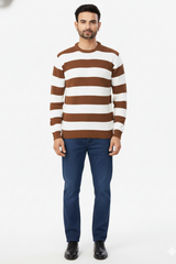 Men Brown-White Striped Crew Neck T-Shirt 251170711
