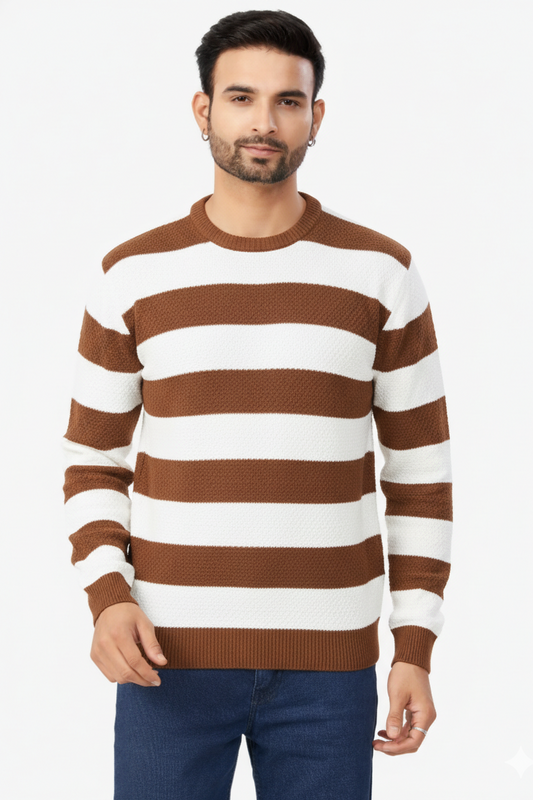 Men Brown-White Striped Crew Neck T-Shirt 251170711