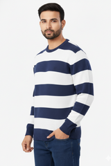 Men Peacock Blue-White Striped Crew Neck T-Shirt 251170711