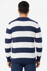 Men Peacock Blue-White Striped Crew Neck T-Shirt 251170711