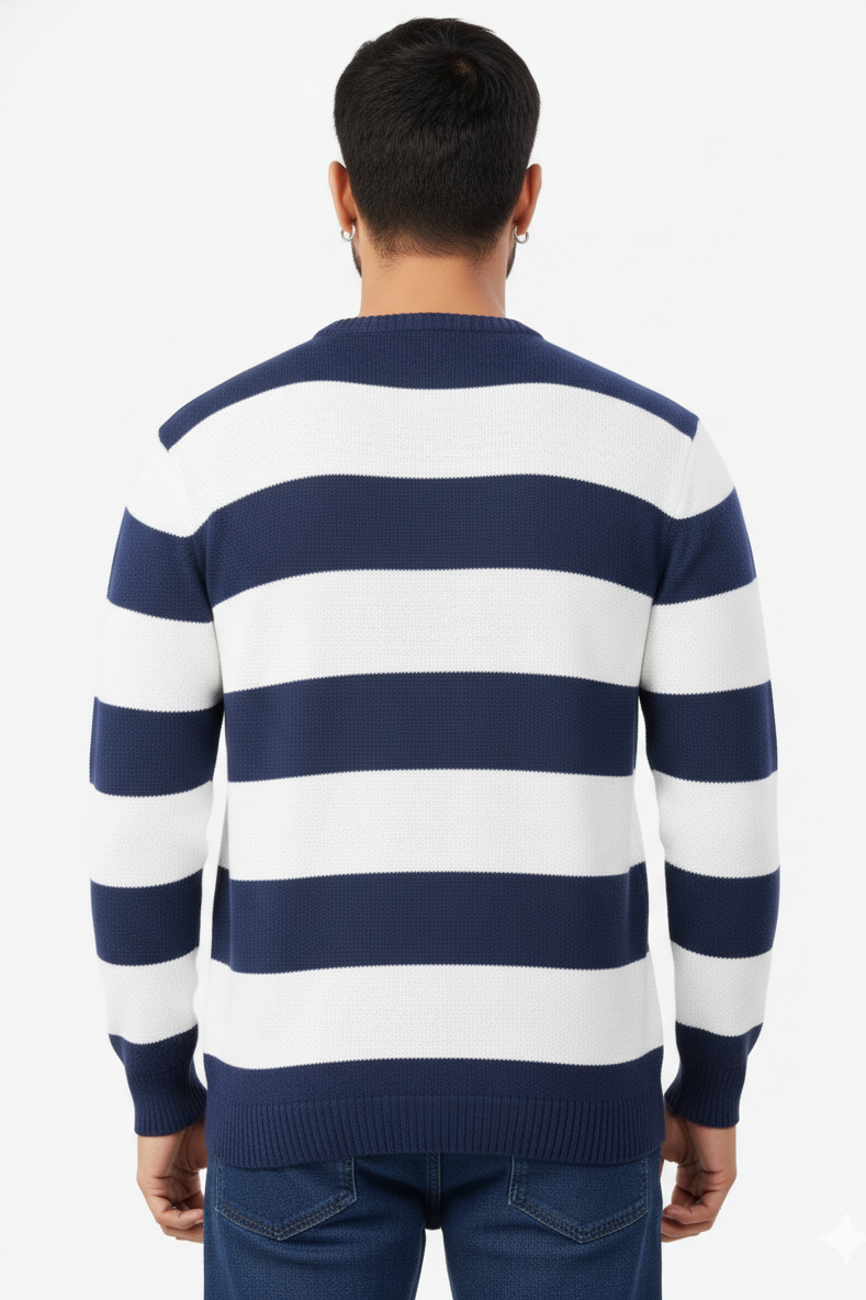 Men Peacock Blue-White Striped Crew Neck T-Shirt 251170711