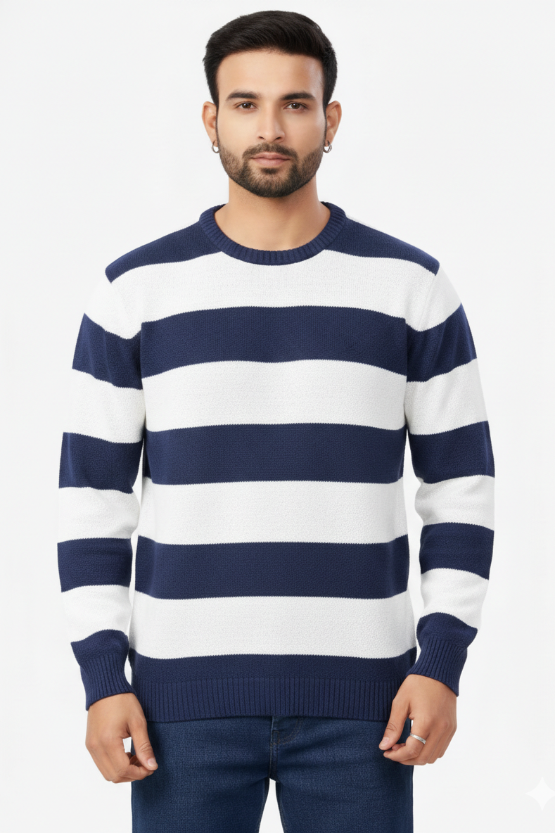 Men Peacock Blue-White Striped Crew Neck T-Shirt 251170711