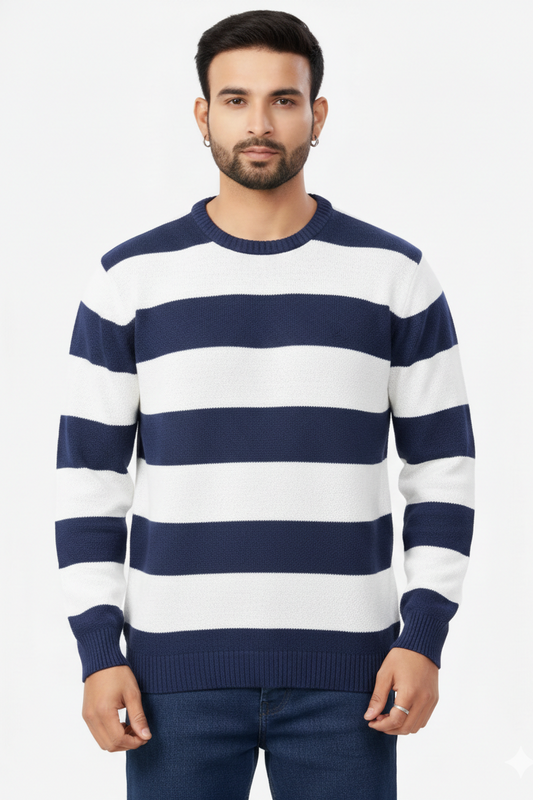 Men Peacock Blue-White Striped Crew Neck T-Shirt 251170711