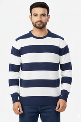 Men Peacock Blue-White Striped Crew Neck T-Shirt 251170711