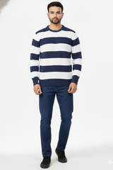 Men Peacock Blue-White Striped Crew Neck T-Shirt 251170711