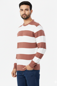 Men Rust-White Striped Crew Neck T-Shirt 251170711