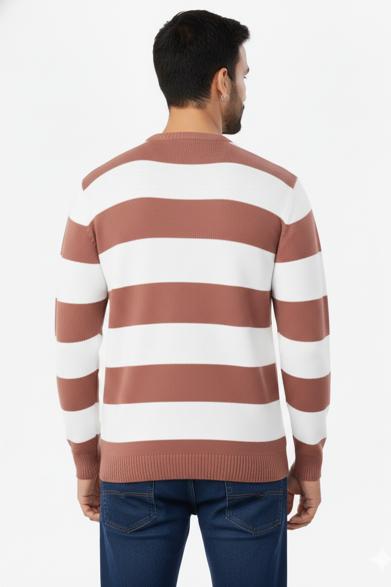 Men Rust-White Striped Crew Neck T-Shirt 251170711