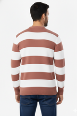 Men Rust-White Striped Crew Neck T-Shirt 251170711