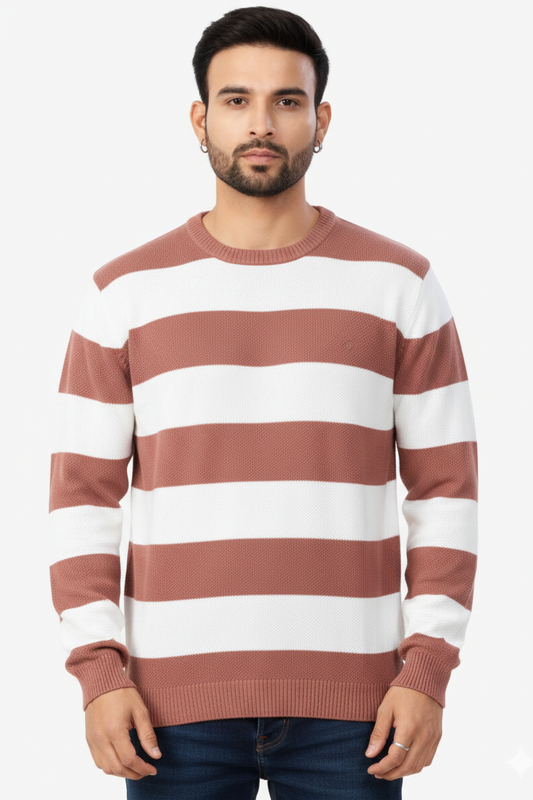 Men Rust-White Striped Crew Neck T-Shirt 251170711