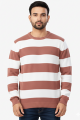 Men Rust-White Striped Crew Neck T-Shirt 251170711