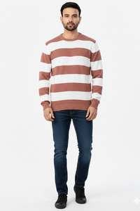 Men Rust-White Striped Crew Neck T-Shirt 251170711