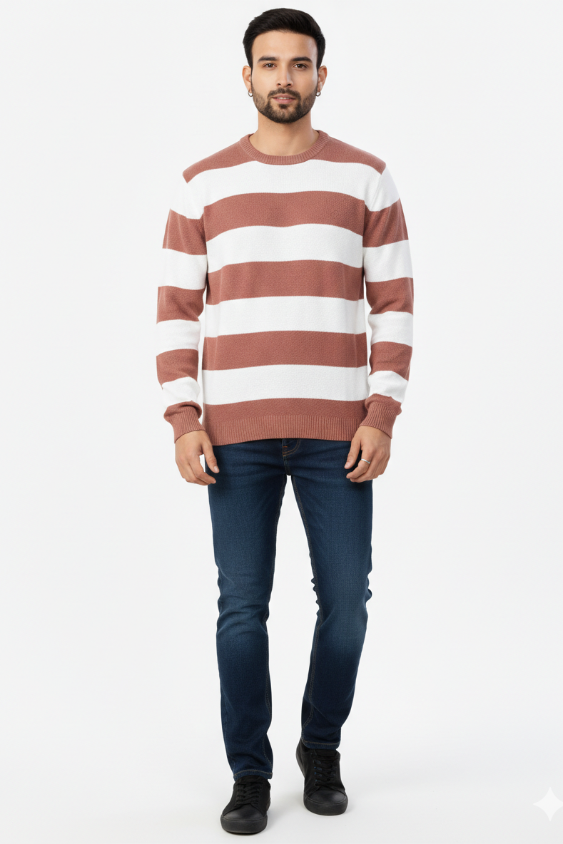 Men Rust-White Striped Crew Neck T-Shirt 251170711