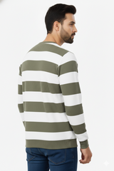 Men Olive-White Horizontal Striped Crew Neck T-Shirt 251170711