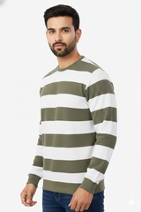 Men Olive-White Horizontal Striped Crew Neck T-Shirt 251170711