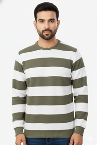Men Olive-White Horizontal Striped Crew Neck T-Shirt 251170711