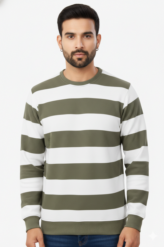 Men Olive-White Horizontal Striped Crew Neck T-Shirt 251170711