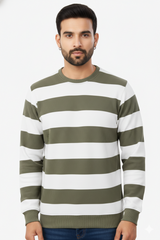 Men Olive-White Horizontal Striped Crew Neck T-Shirt 251170711