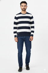 Men Navy Blue and White Striped Crew Neck  T-Shirt | Textured 251124134